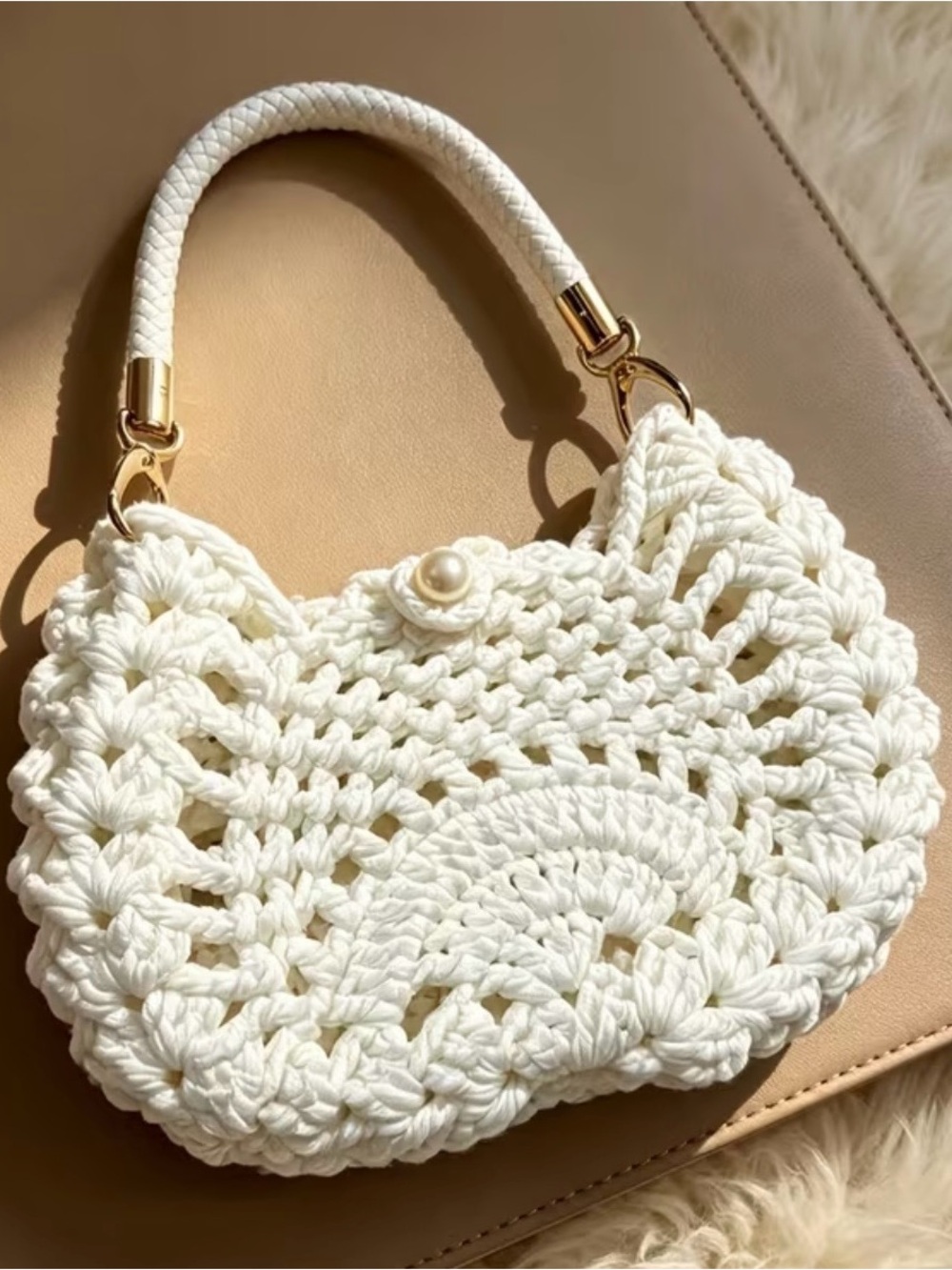 Beautiful White Handmade Crochet Pearl-Accent Mini Top-Handle Bag